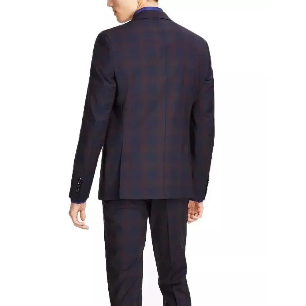 Bar III Mens Slim Fit Plaid Active Blazer Burgundy Navy 38S NWT